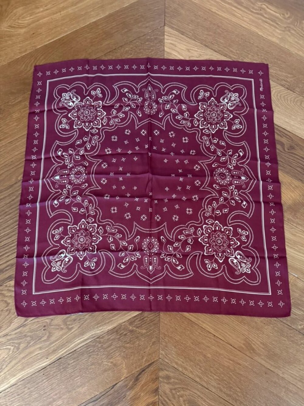 Burgundy silk bandana scarf with a paisley pattern